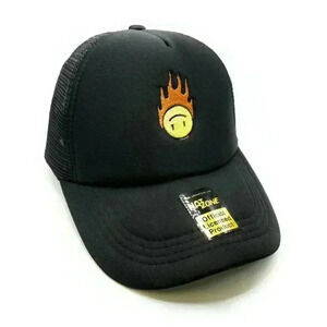 Upside Down Flame Smile Face Mesh Trucker Snapback (Black)